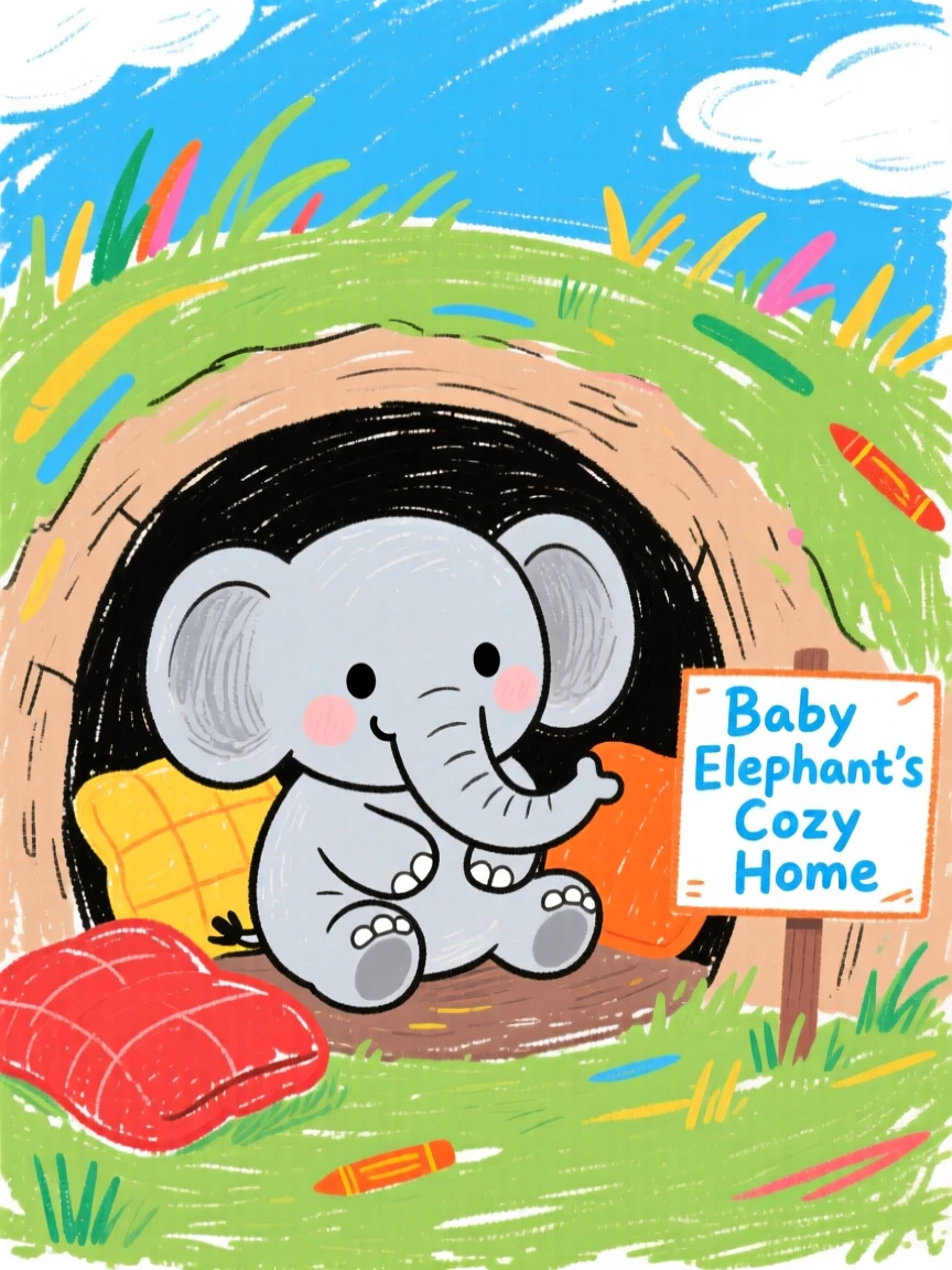 A baby elephant snuggled inside a cozy burrow.