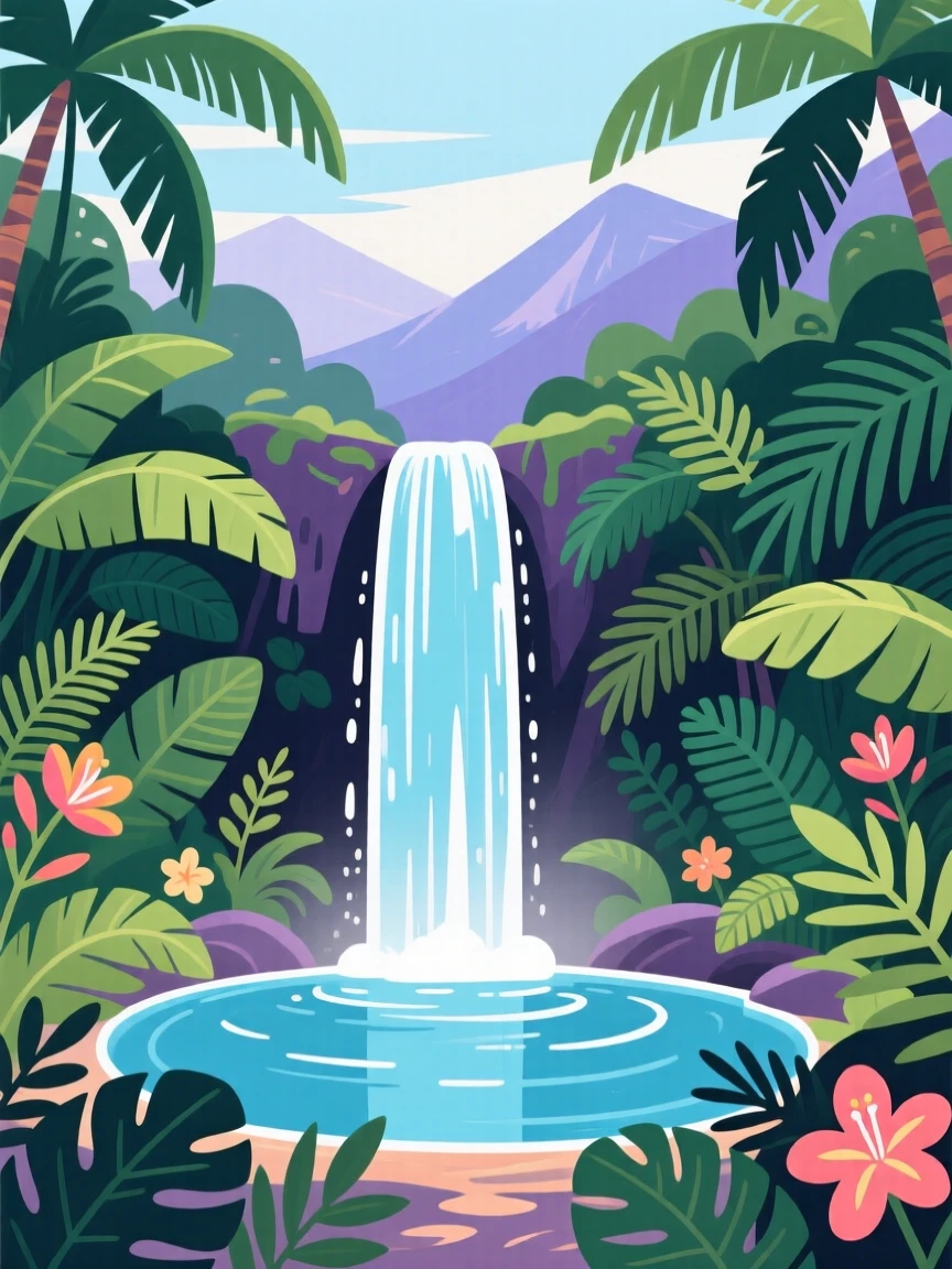 A tropical waterfall pouring into a hidden jungle pool, with distant mountains fading into a hazy horizon, framed symmetrically to create a calm, balanced feel, with delicate textures visible in every leaf and petal.