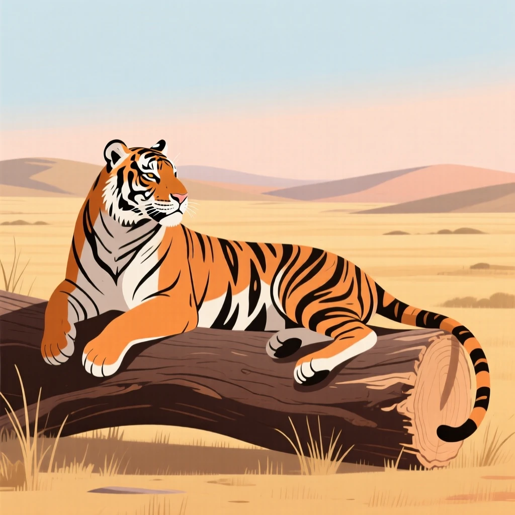 A majestic tiger resting on a fallen log overlooking the open plains.
