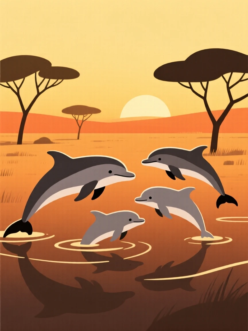 A dolphin pod and its young moving gracefully through its habitat together in a savanna at golden hour, expressing gentle curiosity.
