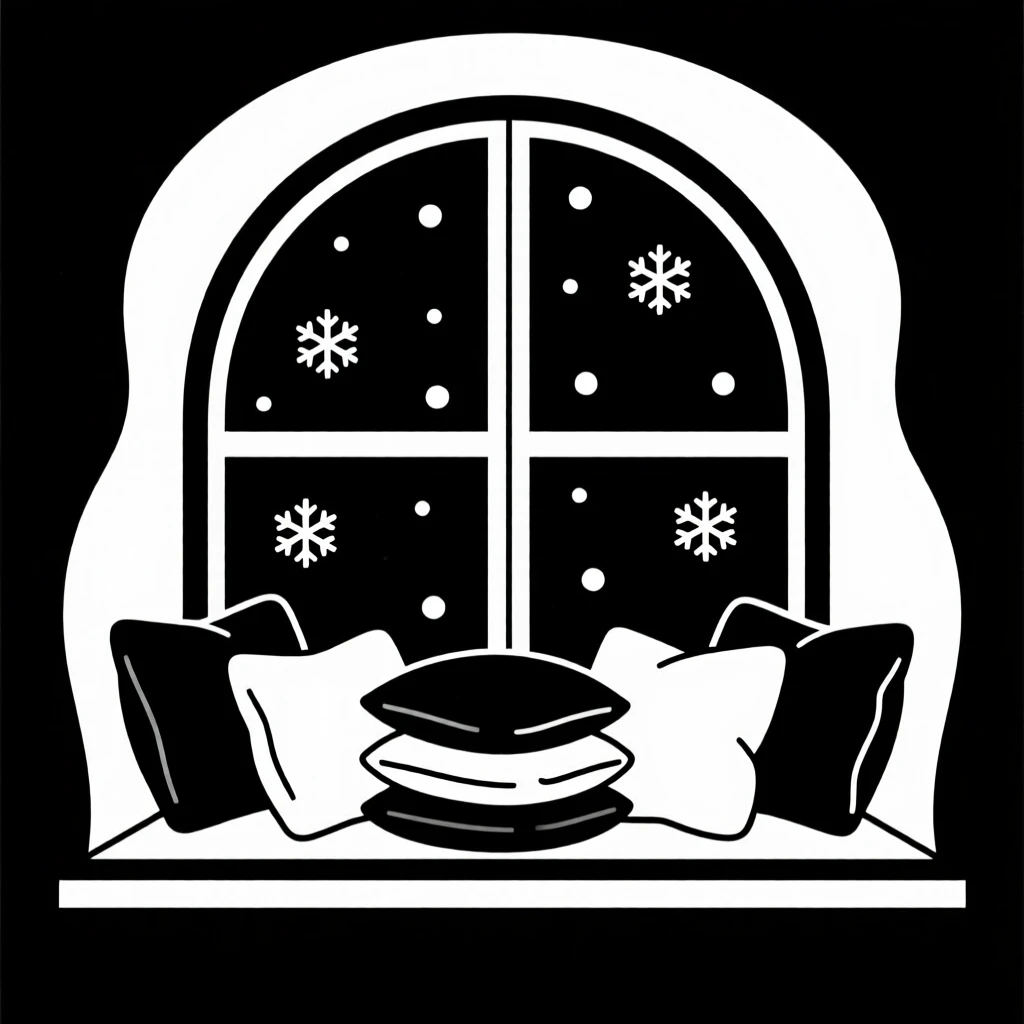 A window seat filled with cushions overlooking falling snow.