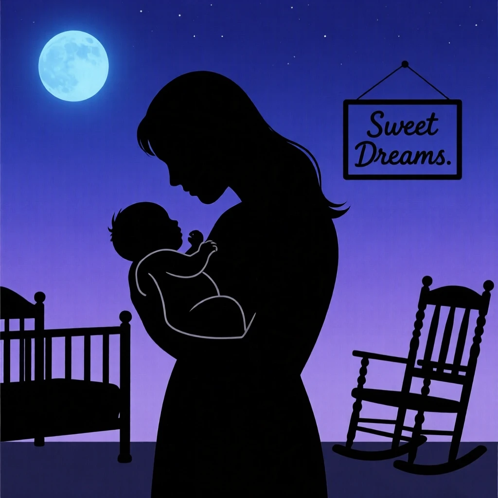 A mother cradling her newborn, foreheads touching, in a quiet nursery at night.