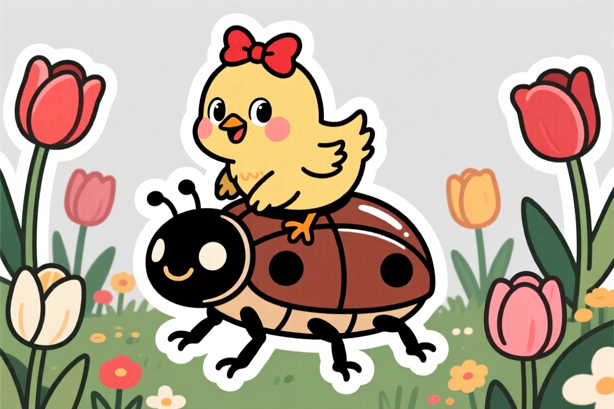 A mischievous baby chick wearing a bow riding on the back of a friendly beetle, in a garden full of blooming tulips.