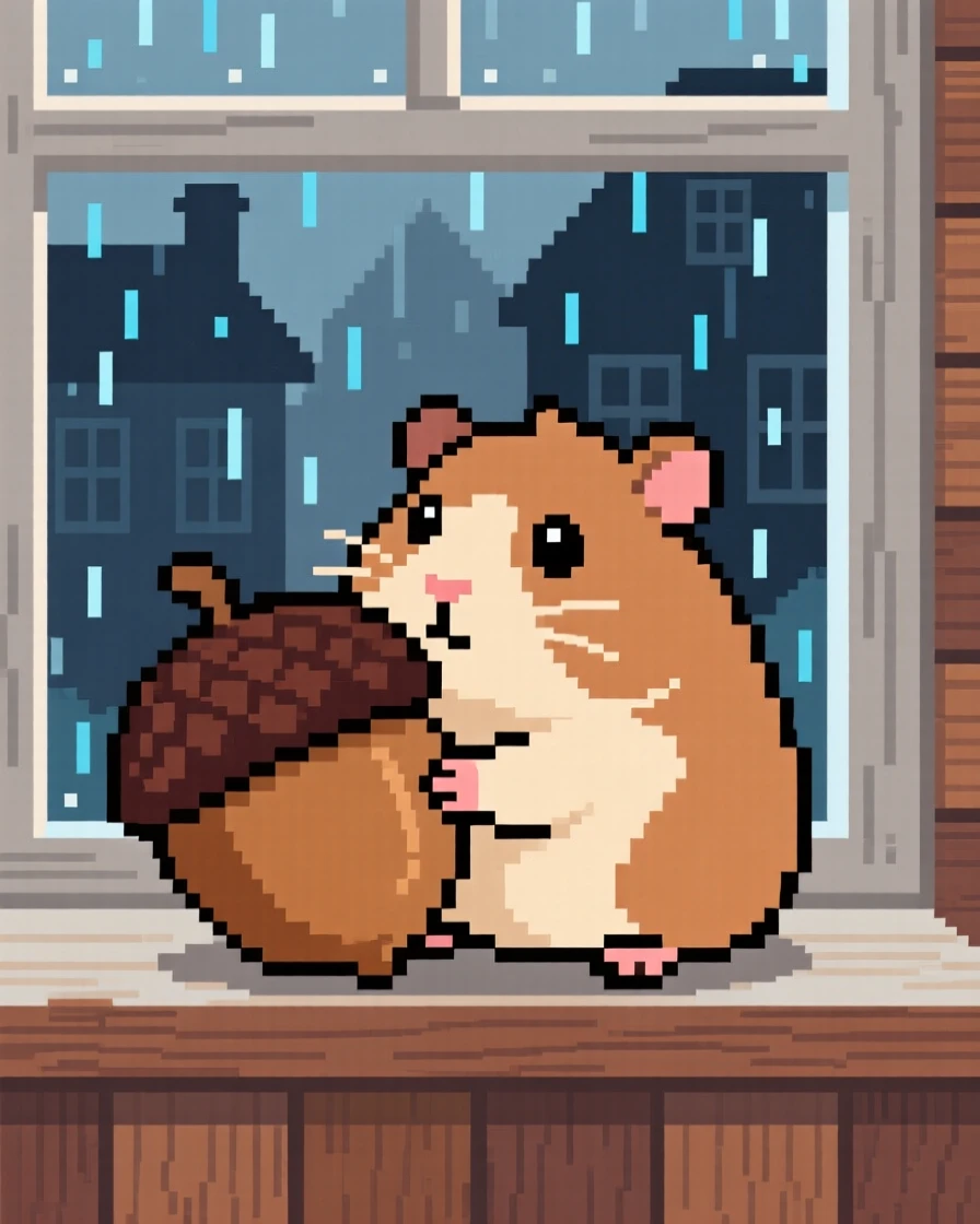 A chunky guinea pig hugging a giant acorn, on a windowsill overlooking a rainy town.