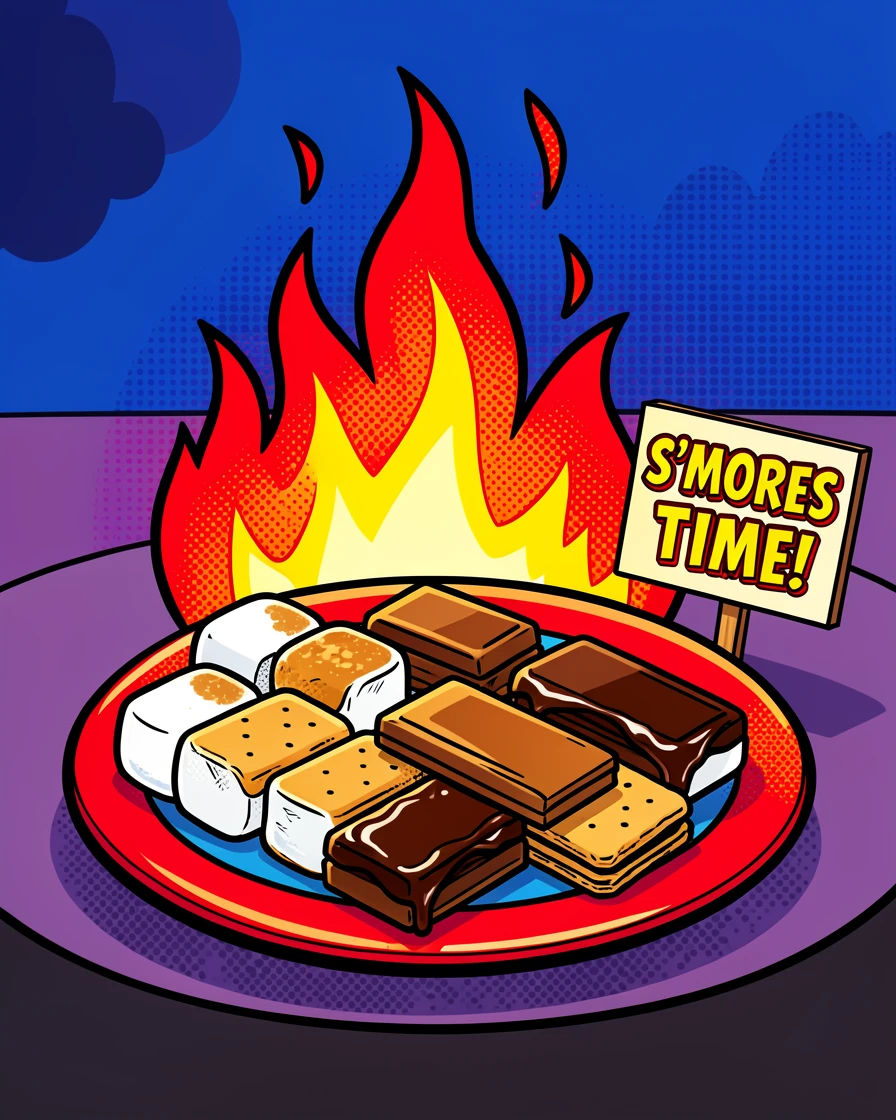 A s'mores platter set up beside a crackling backyard fire pit