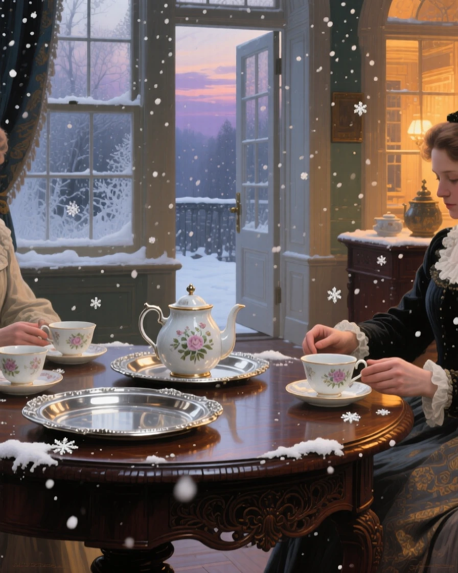 A tightly framed close-up of a tea house where guests are served from ornate silver trays, in gentle falling snow, at dusk.