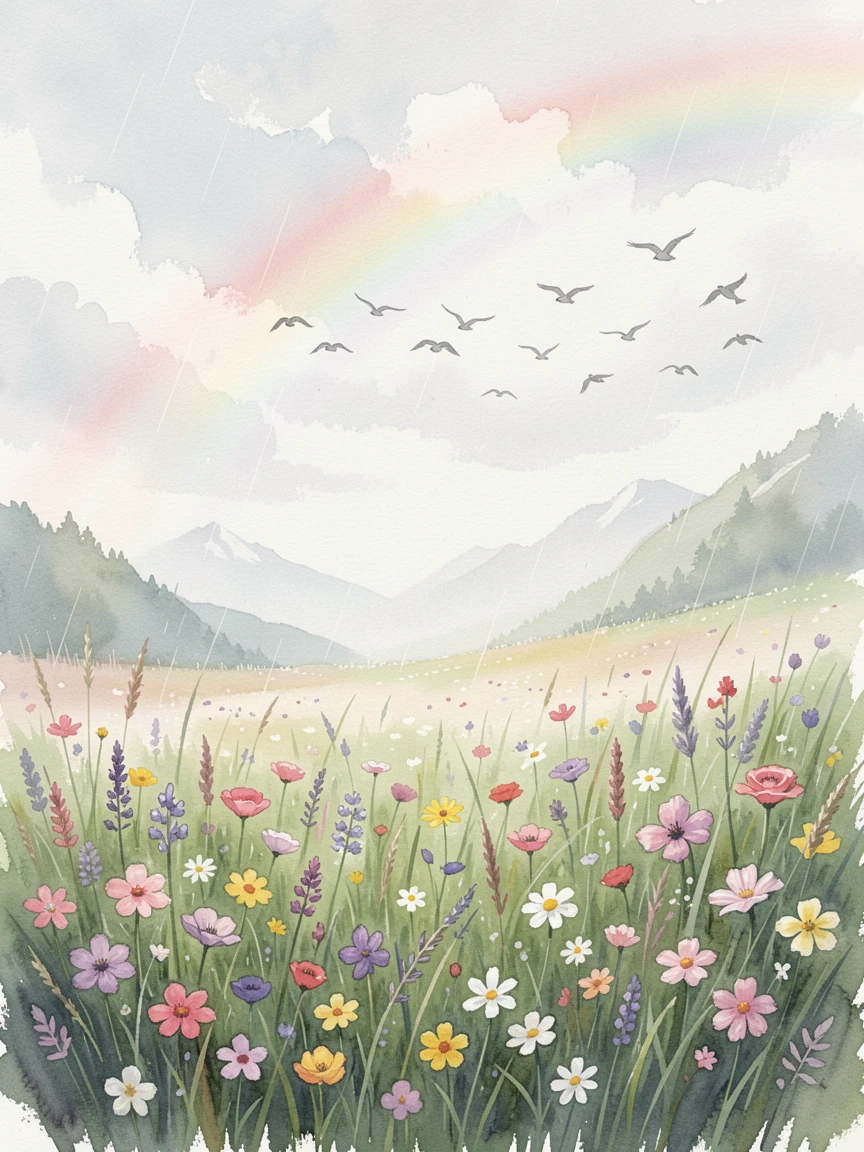 An alpine meadow full of wildflowers beneath a rainbow after rain with a flock of birds crossing the sky.