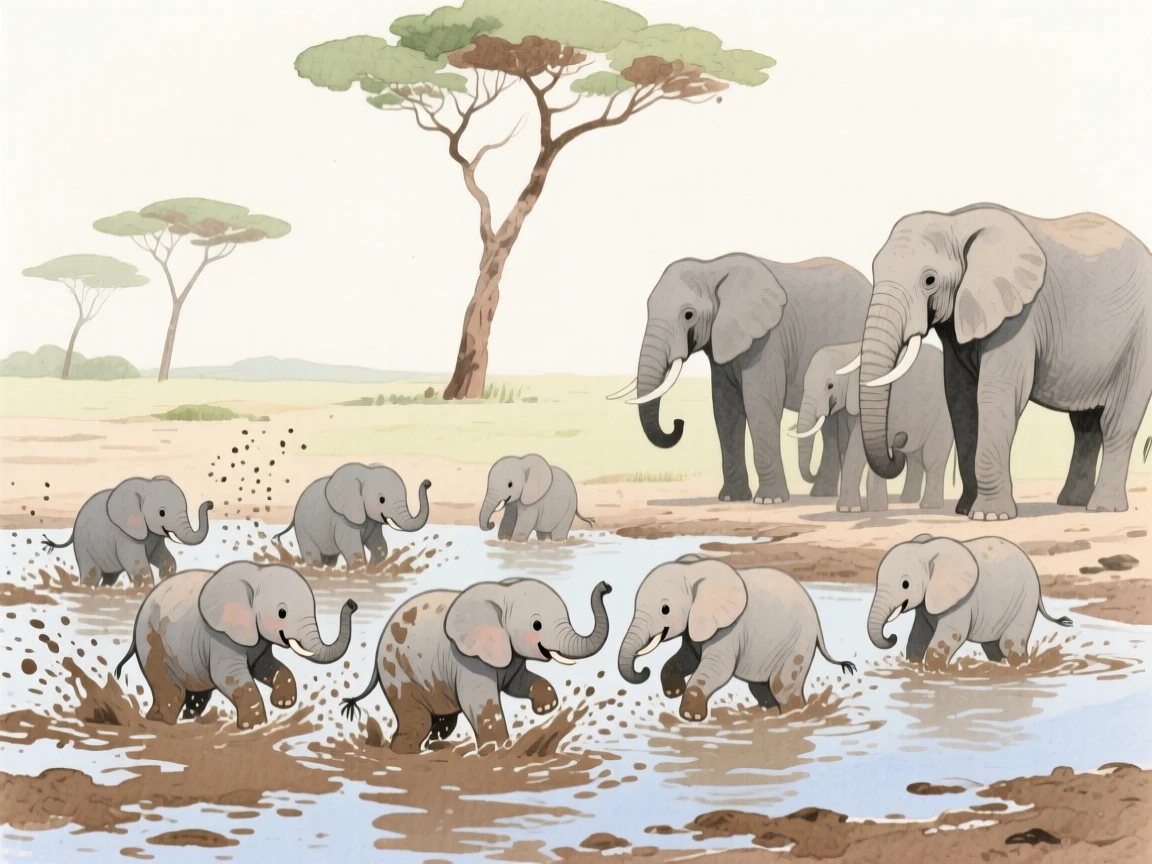 A herd of baby elephants splashes through a muddy watering hole under acacia trees while their mothers watch nearby