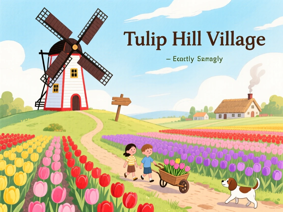 A windmill overlooking a tulip field, bustling gently with everyday village life.