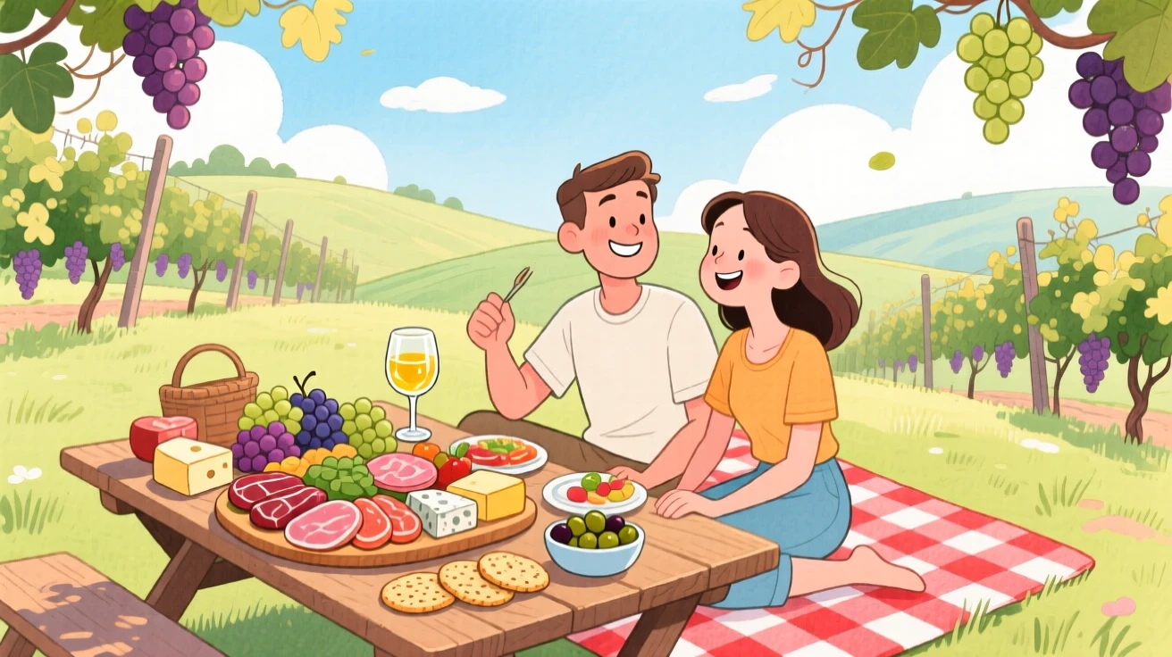 A vineyard picnic with a charcuterie board and a glass of golden wine, capturing the joy of sharing a homemade meal.