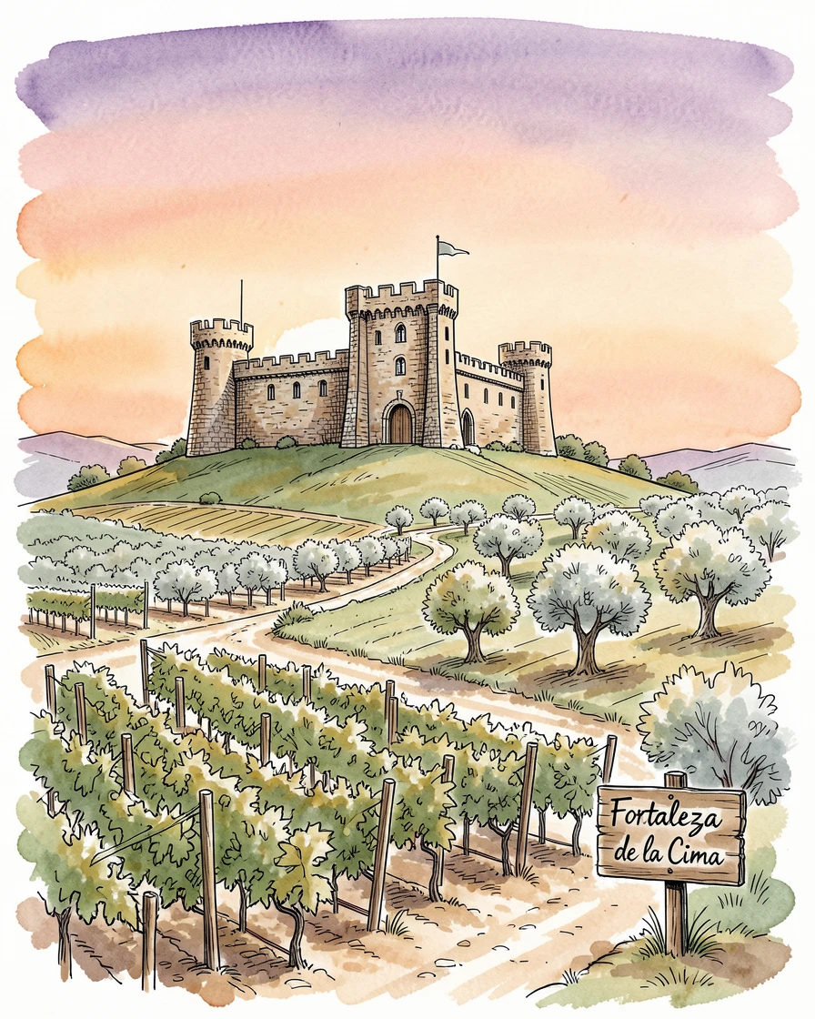 A hilltop fortress overlooking a patchwork of vineyards and olive groves under a warm evening sky