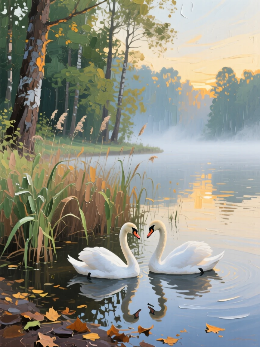 a pair of swans passing reeds at the forest edge, in early morning mist, with a balanced, spacious view of the surroundings.