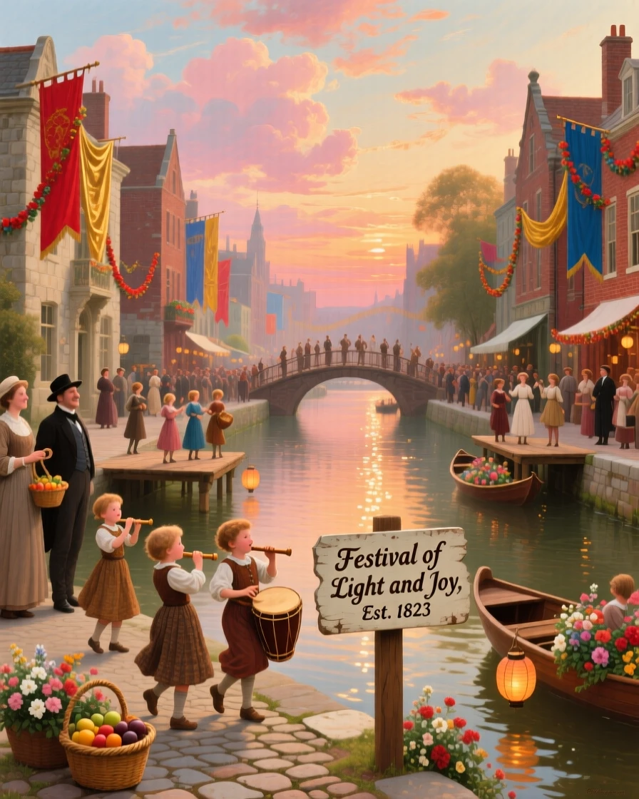 Children perform in a canal-lined city district at the height of a festival.