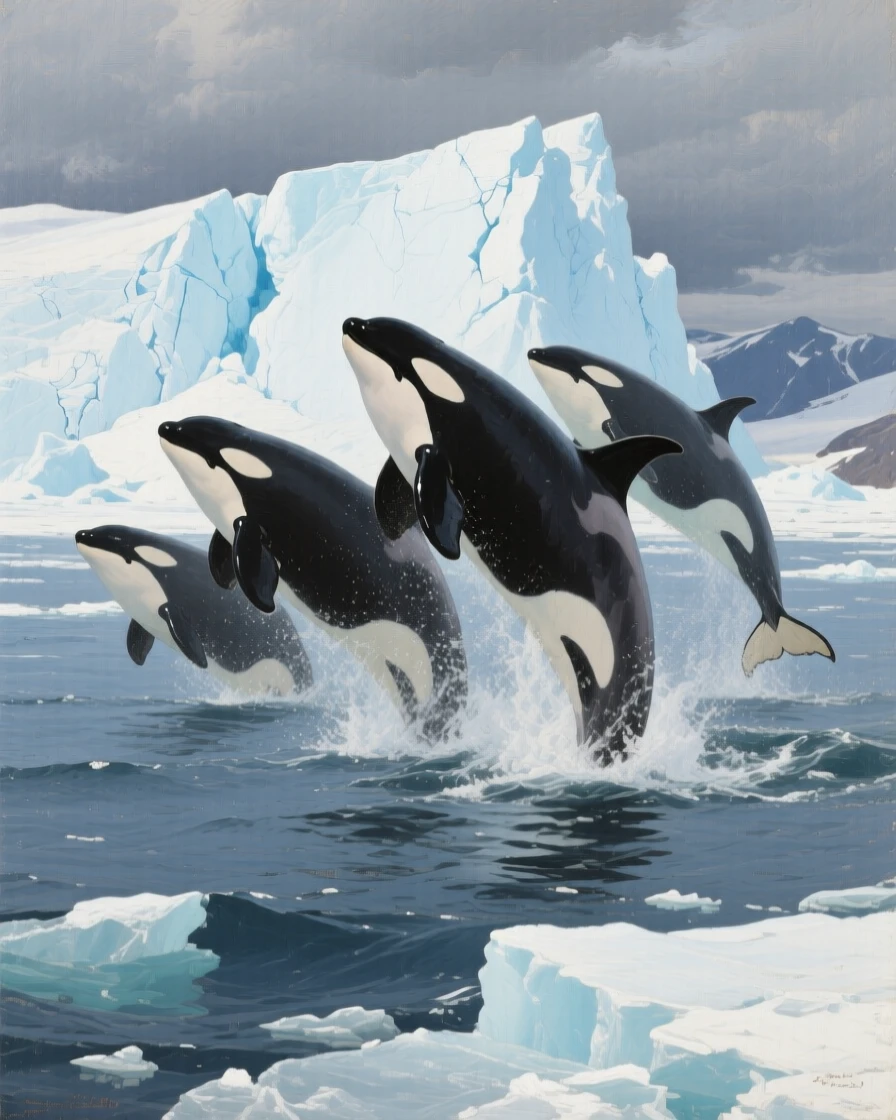 A pod of orcas breaching together in the icy waters near a glacier, its posture radiating quiet strength and dignity, offering a striking, emotionally resonant wildlife portrait