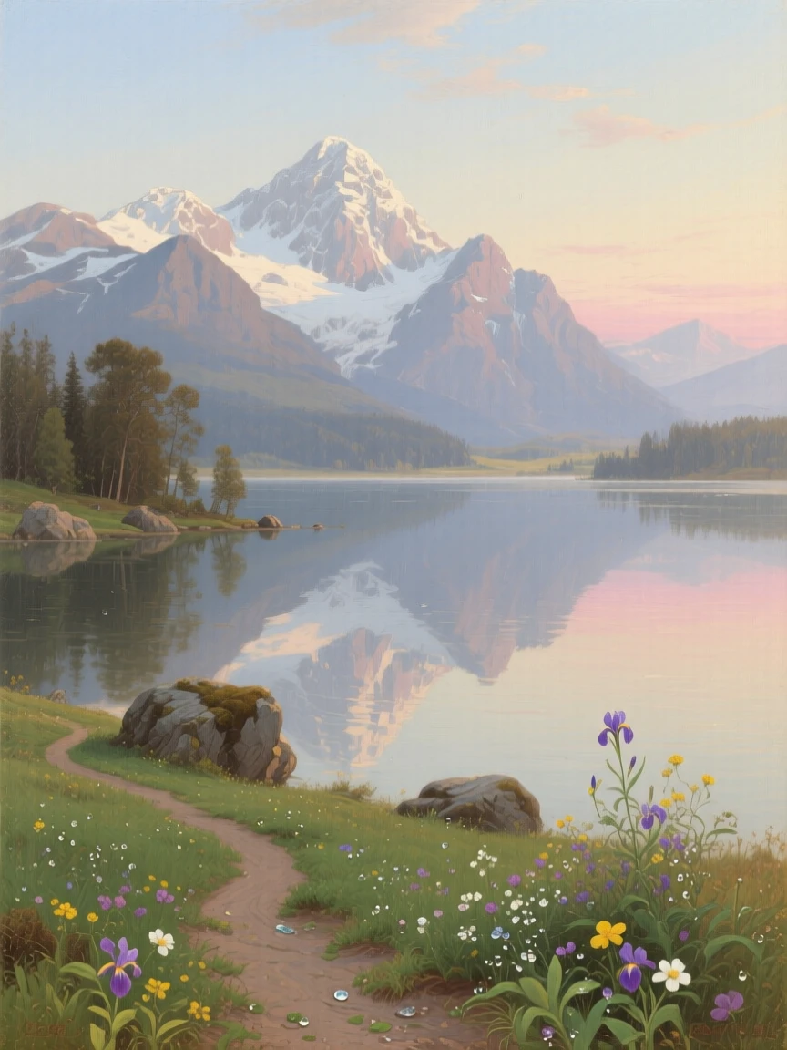 A tranquil lake reflecting snow-capped mountains at dawn captured in the fleeting stillness of a perfect moment, set within reach of a winding country path, with wildflowers scattered like scattered jewels across the green; a low horizon line gives dramatic weight to an expansive sky, filled with calm, restorative beauty.