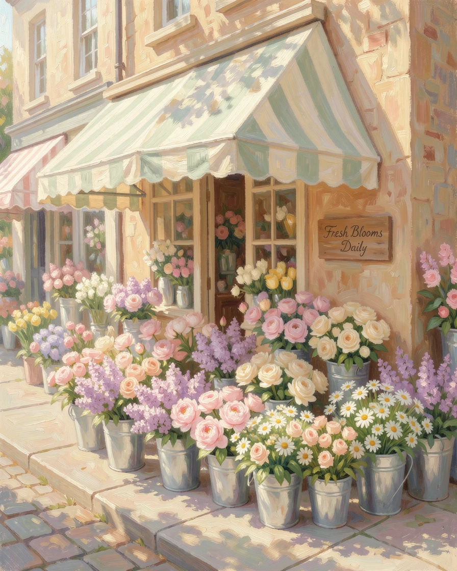 A charming flower shop with buckets of fresh blooms spilling onto the sidewalk beneath a striped awning.