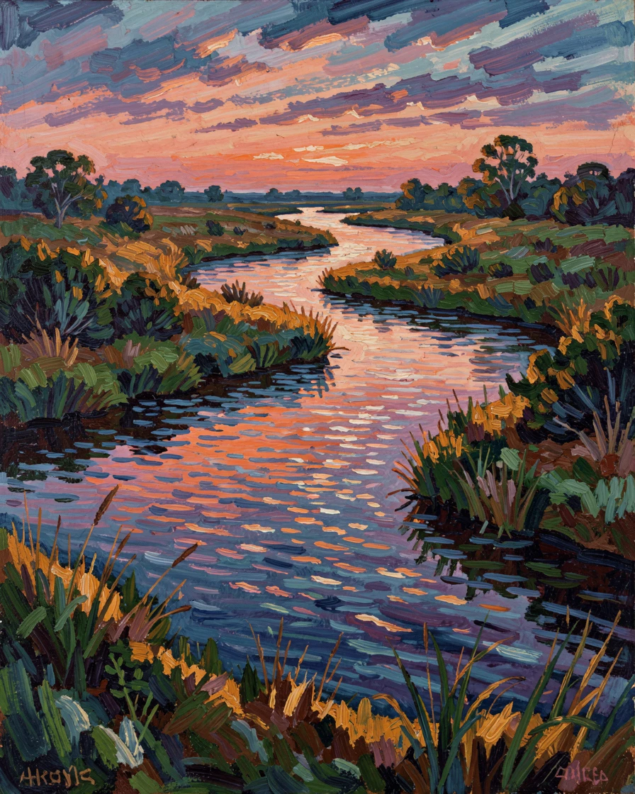 A tranquil river delta seen at dusk, channels of water catching the last light.