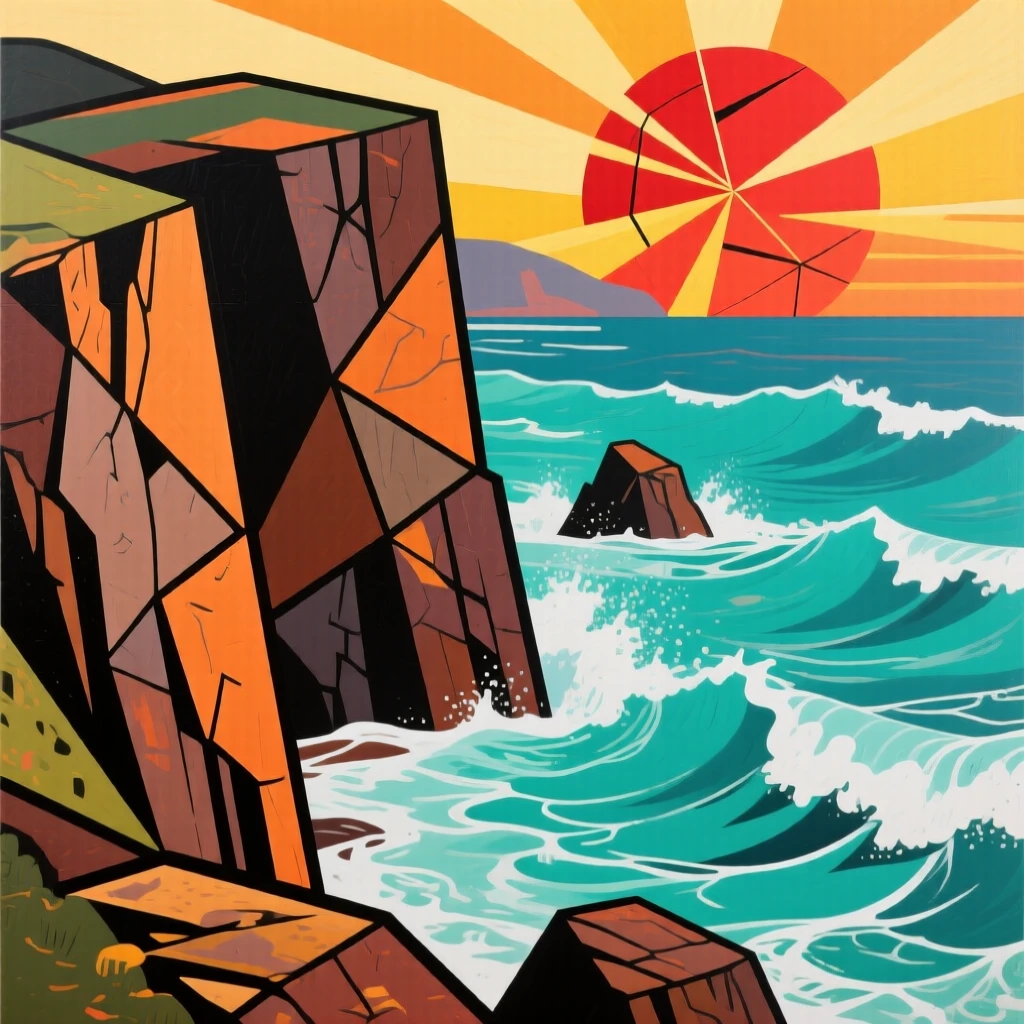 A rugged coastal cliff overlooking crashing turquoise waves at sunrise.