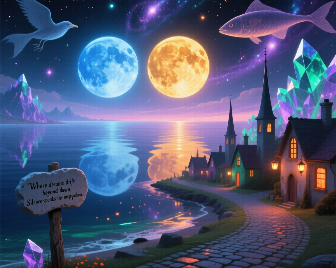 Twin moons rising together over a silent, glassy sea hangs silently over a sleeping world below, while the entire scene shimmers with quiet, cosmic stillness.