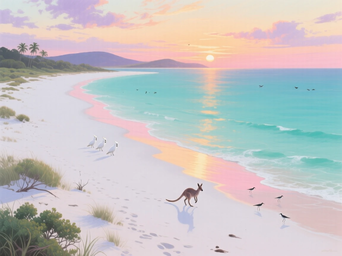 A tropical sunrise over the Whitehaven Beach in Australia shows powder-white sand curving along impossibly clear turquoise water, untouched and empty at dawn, with scattered wildlife visible moving quietly through the middle distance of the composition.