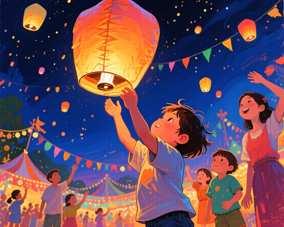 A child releasing a paper lantern into the night sky during a family festival