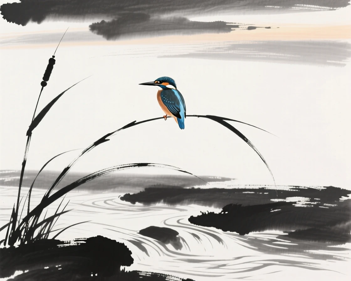 A kingfisher watches from a reed stalk above a stream, beneath a sky streaked with the colors of dawn.