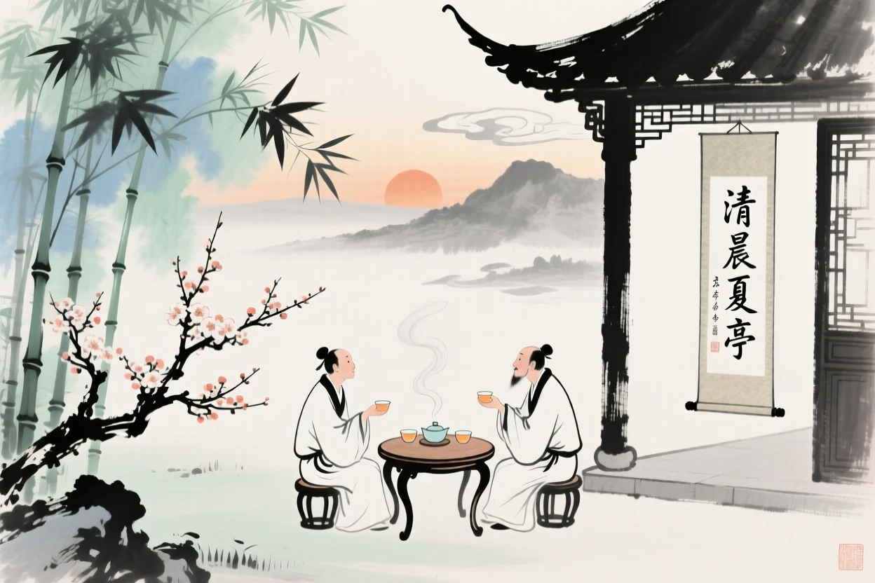 Two friends sharing tea in a quiet garden pavilion, in the height of summer, at dawn, radiating gentle serenity.