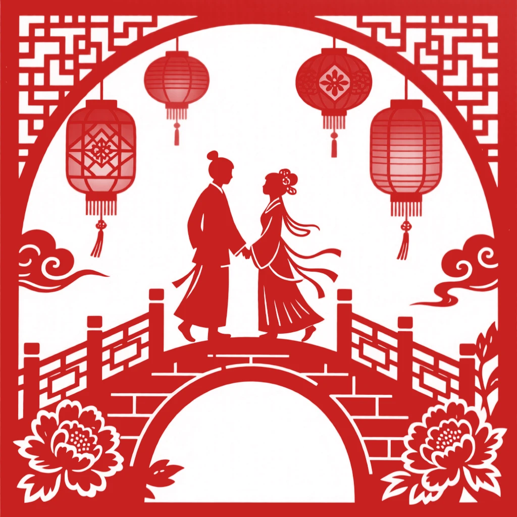 Two lovers walking hand in hand along a lantern-lit bridge, red lanterns glowing warmly in the background.