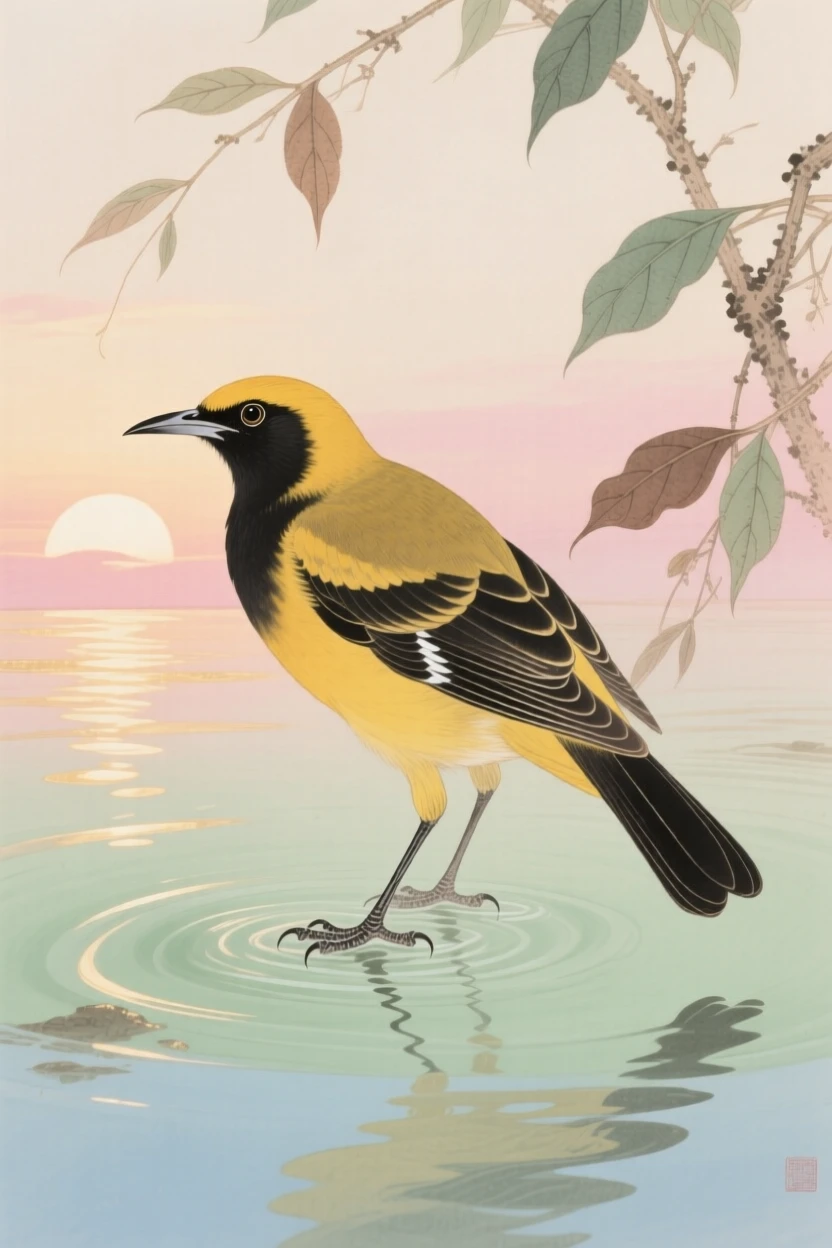 An oriole standing on one leg in shallow water at sunrise, soft morning light filtering through the branches