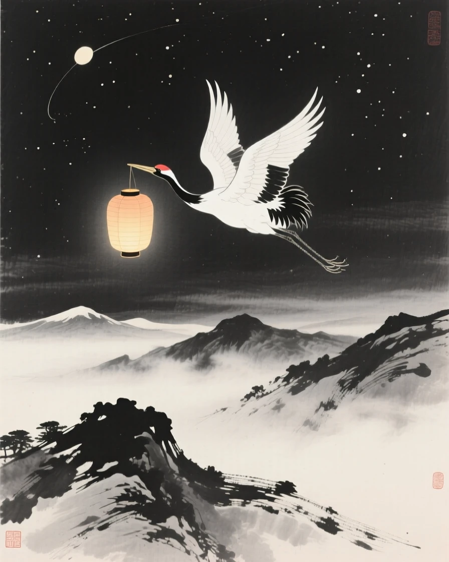 A celestial crane carrying a lantern through the night sky above a mist-shrouded mountain range, balanced with soft negative space around the central figure, conveying graceful power and serene majesty.