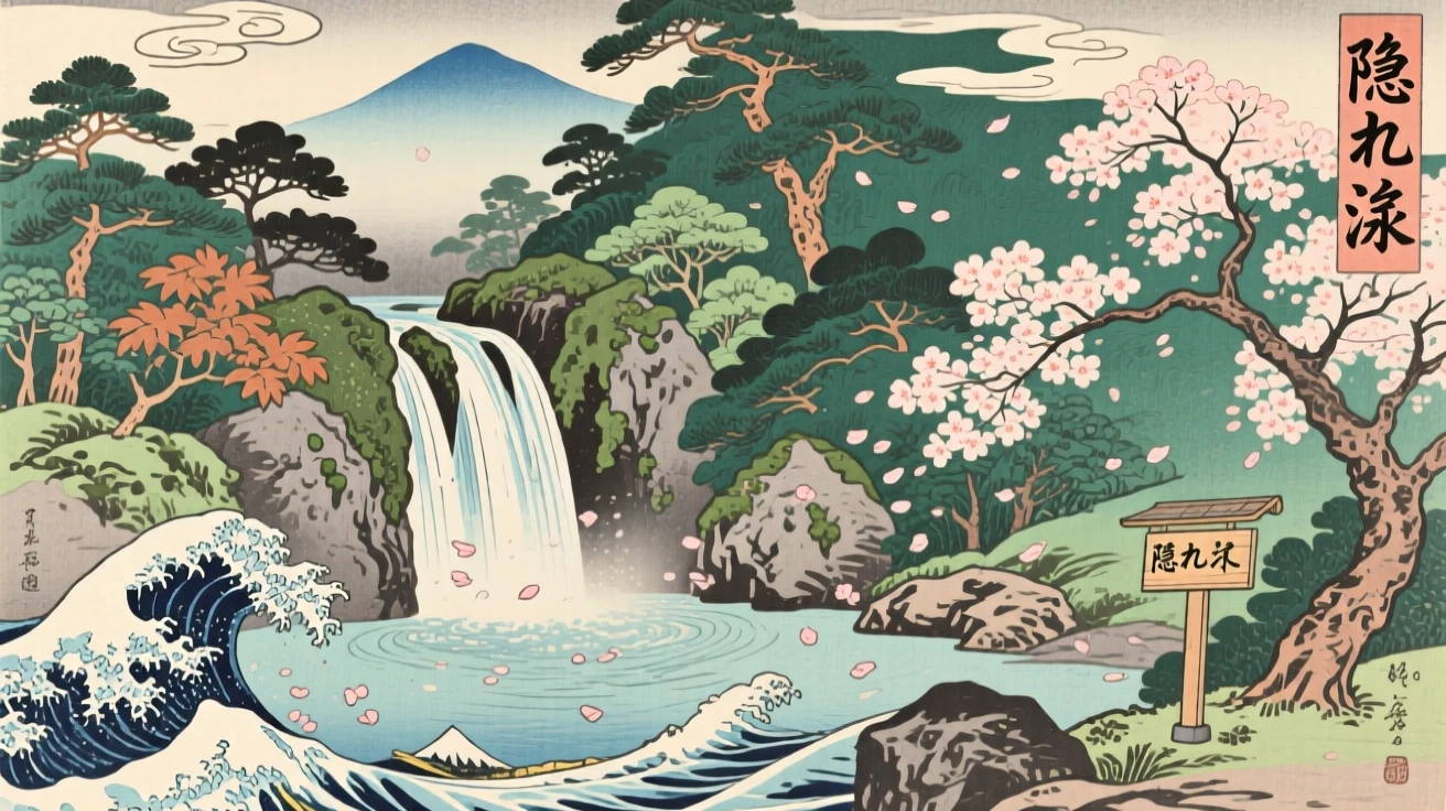 A hidden forest waterfall, dotted with drifting cherry blossom petals.