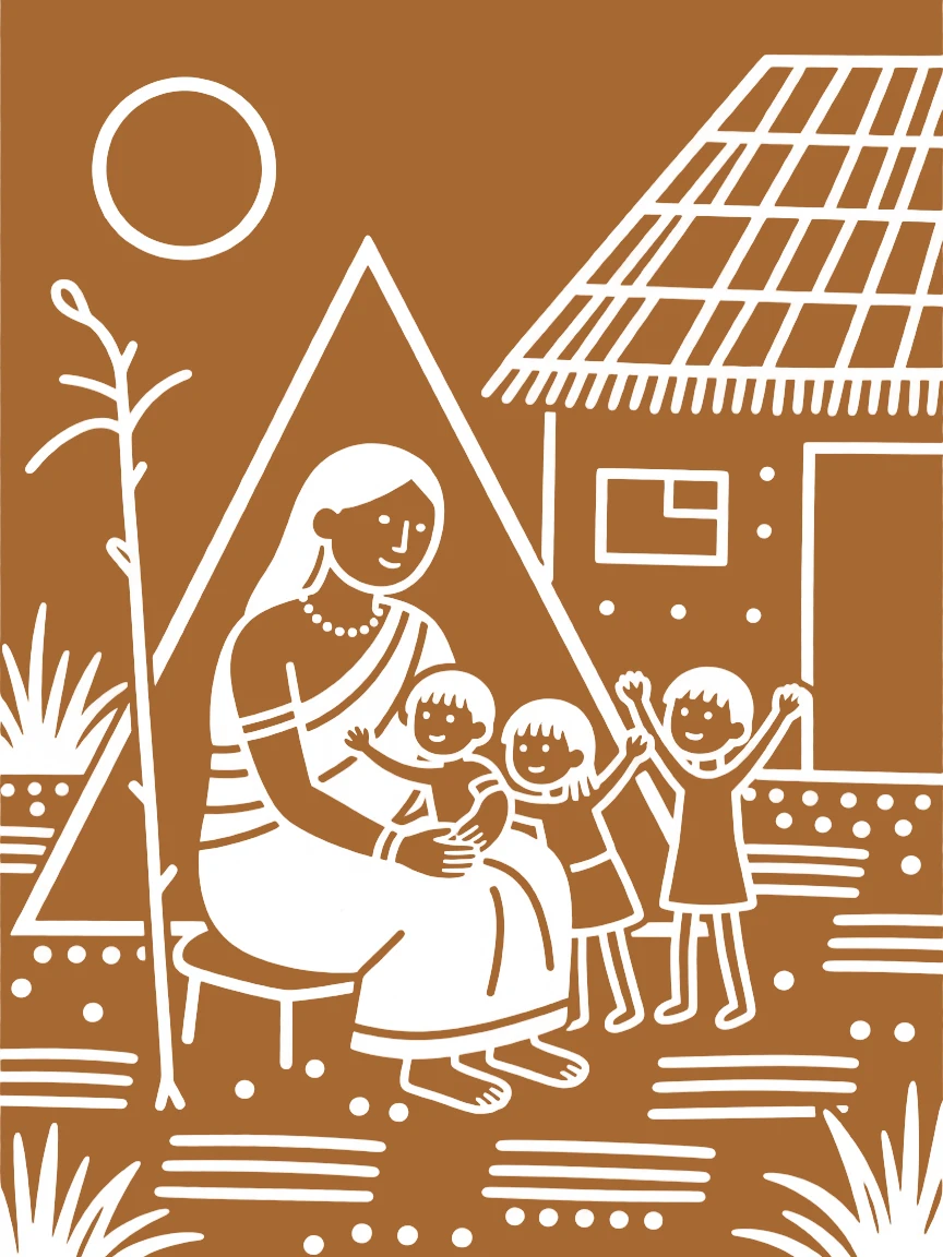 A widow and her grandchildren comforting one another after a hard day in the courtyard of a family home.
