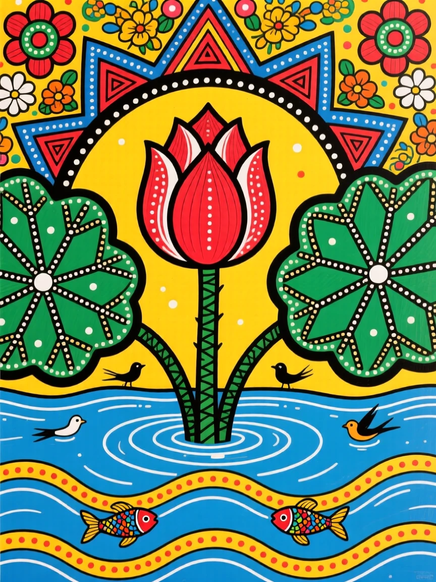 A single lotus bud just beginning to open above still water.