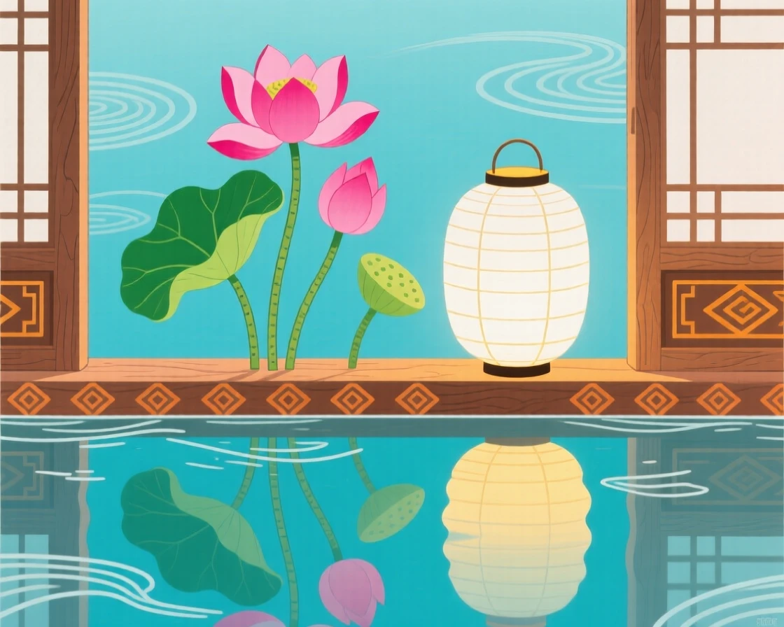 A still arrangement of lotus flowers rising from still water beneath a paper lantern on a windowsill.