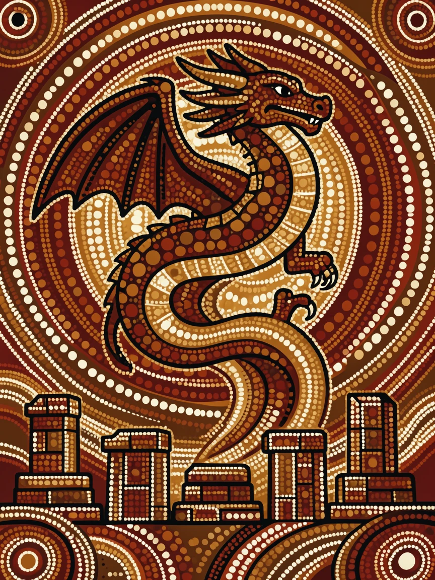 A dragon rising above ancient ruins