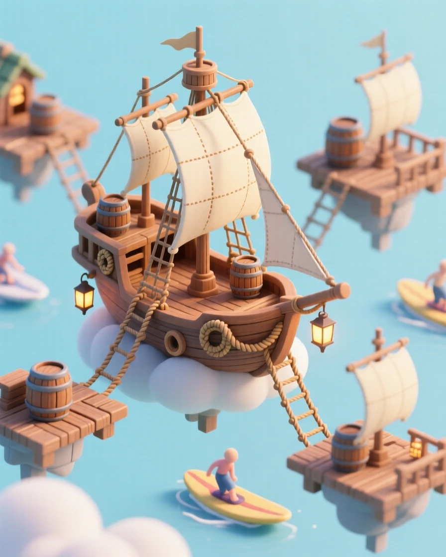 A cloud-surfing village built on floating platforms shaped like ships, with sails catching the wind and rope ladders connecting each deck.