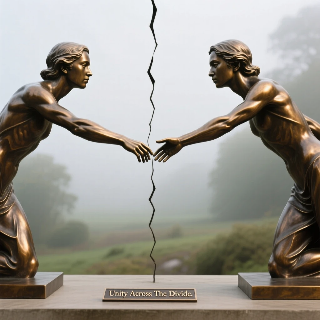 Twins reaching toward each other across a divide, framed by an atmospheric, misty backdrop, forming a strong central focal point