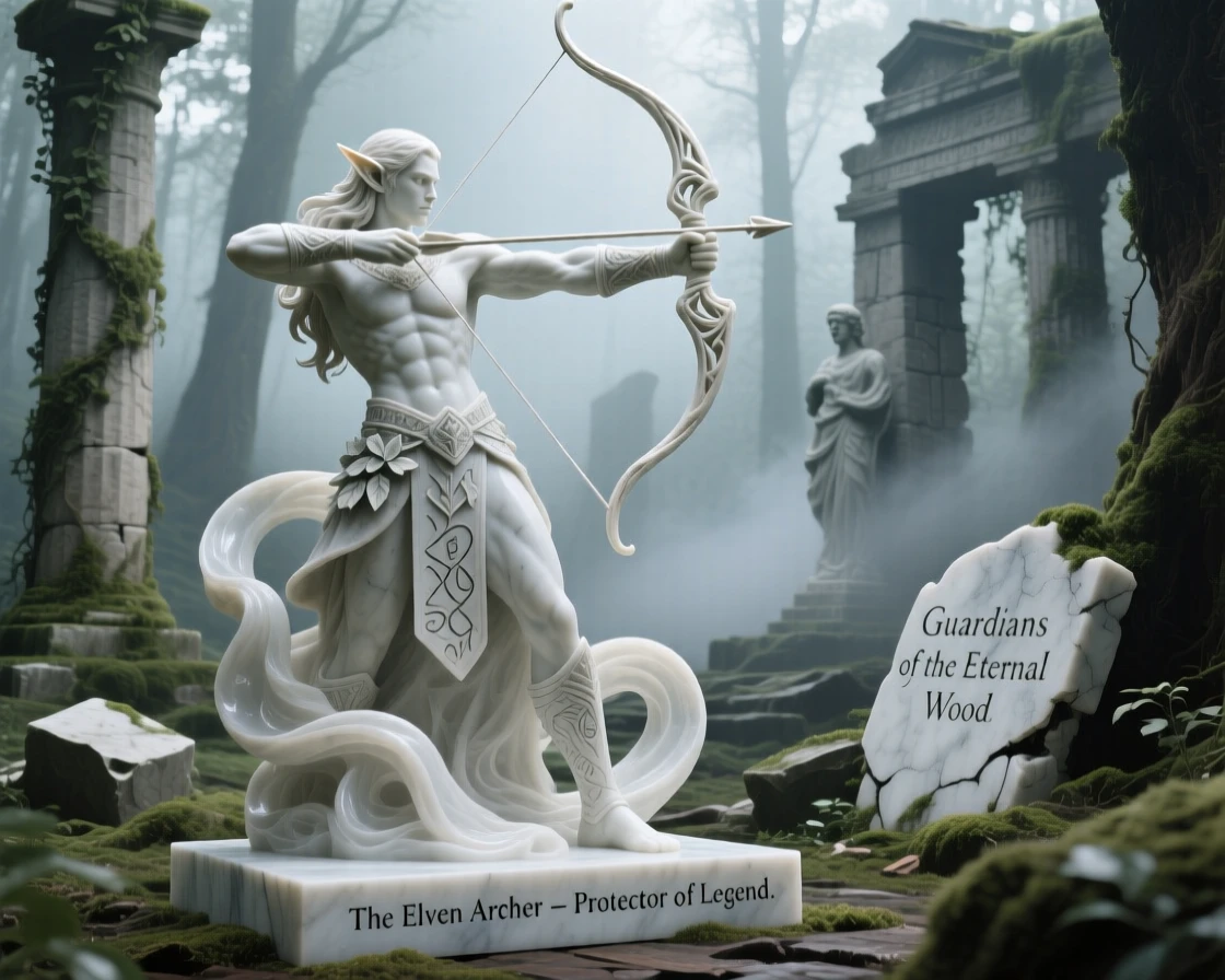 An elven archer aiming through a misty forest, amid ancient ruins reclaimed by nature, radiating power and legend