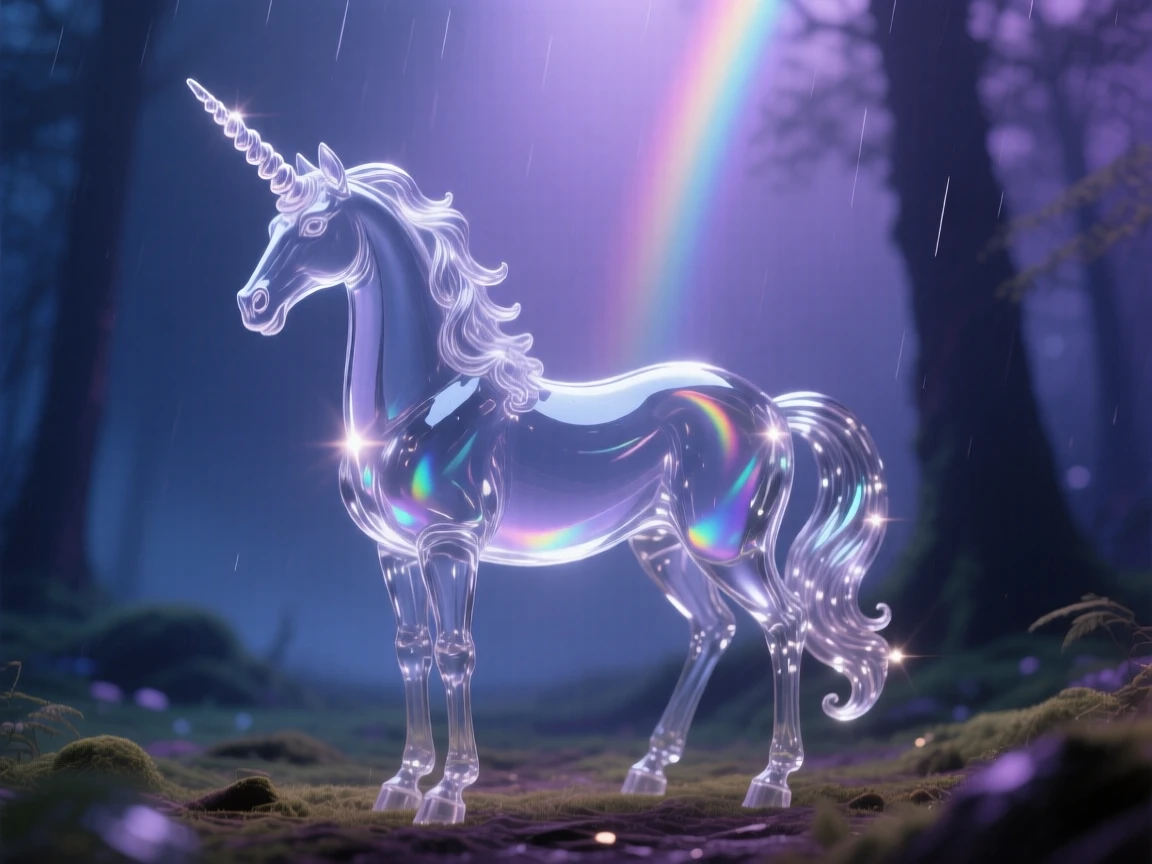 A unicorn standing in an enchanted forest clearing, bathed in soft magical light with drifting sparkles in the air, epic and awe-inspiring composition, evoking wonder and adventure.