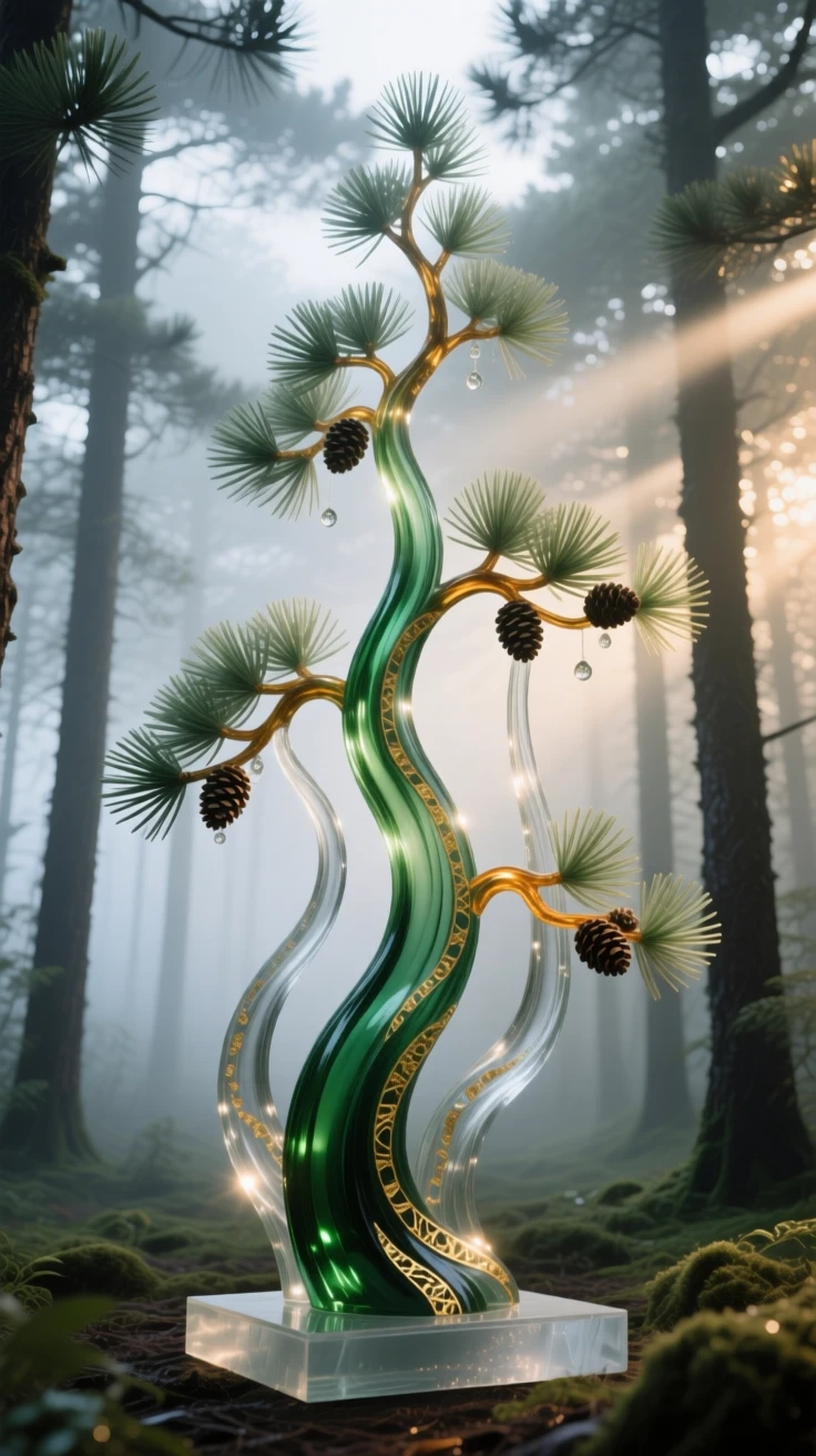 A dense misty pine forest at dawn with light rays breaking through the canopy, ethereal and hushed.
