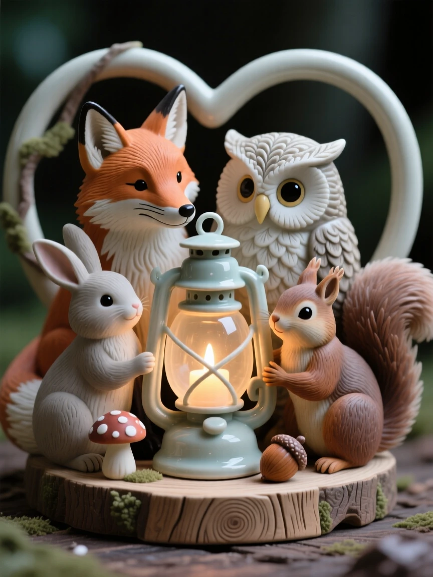 A group of forest animals gathered around a lantern gathered together in a heartwarming tableau, dotted with small whimsical touches throughout, capturing the magic of imaginative make-believe.
