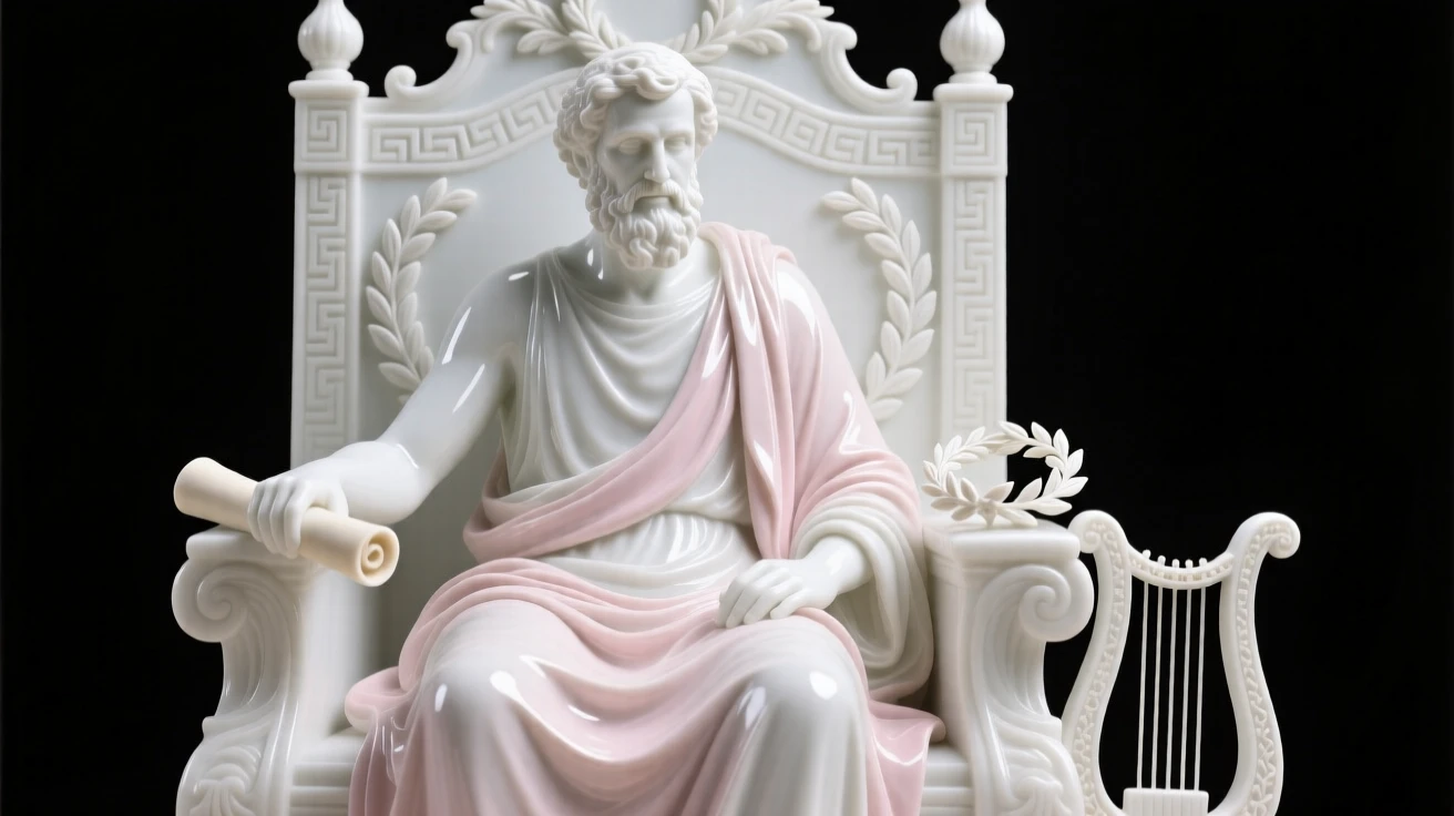 A regal Greek philosopher seated upon an ornate throne, surrounded by the trappings of a bygone era.