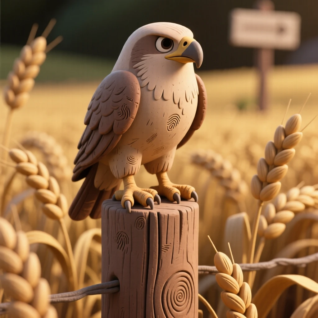 A hawk perched on a fence post surveying a golden wheat field