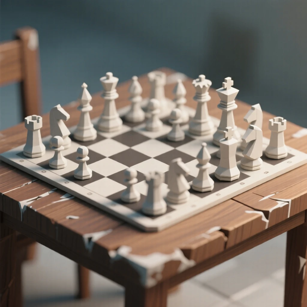 A chess set mid-game on a wooden table, on a weathered wooden table. a shallow depth of field isolates the main object. There is a calm, contemplative stillness.