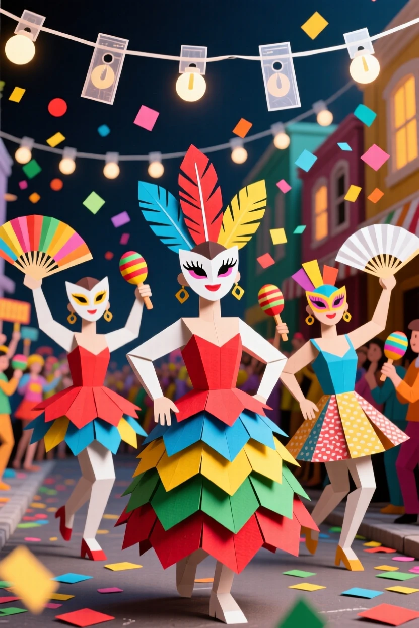 A vibrant carnival street parade with dancers in elaborate feathered costumes, confetti filling the air under string lights, capturing festive cultural celebration.