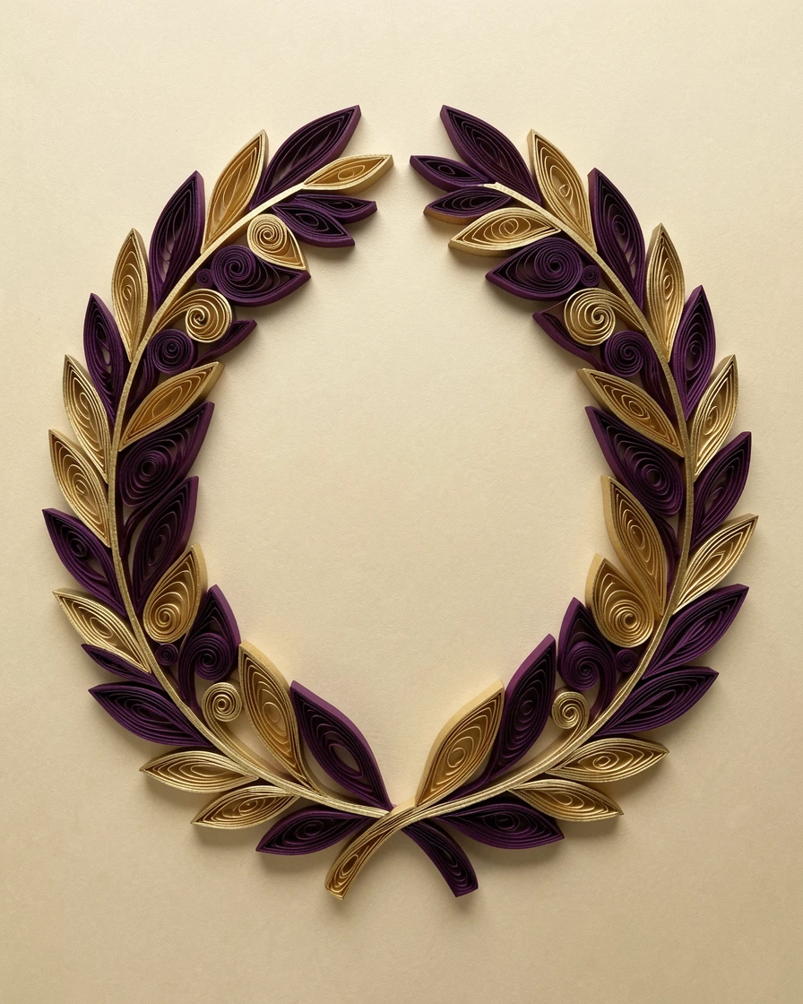a formal wreath of laurel leaves encircling a monogram space, mounted on a champagne-colored panel, arranged in concentric layered rings, in rich plum and antique gold hues.