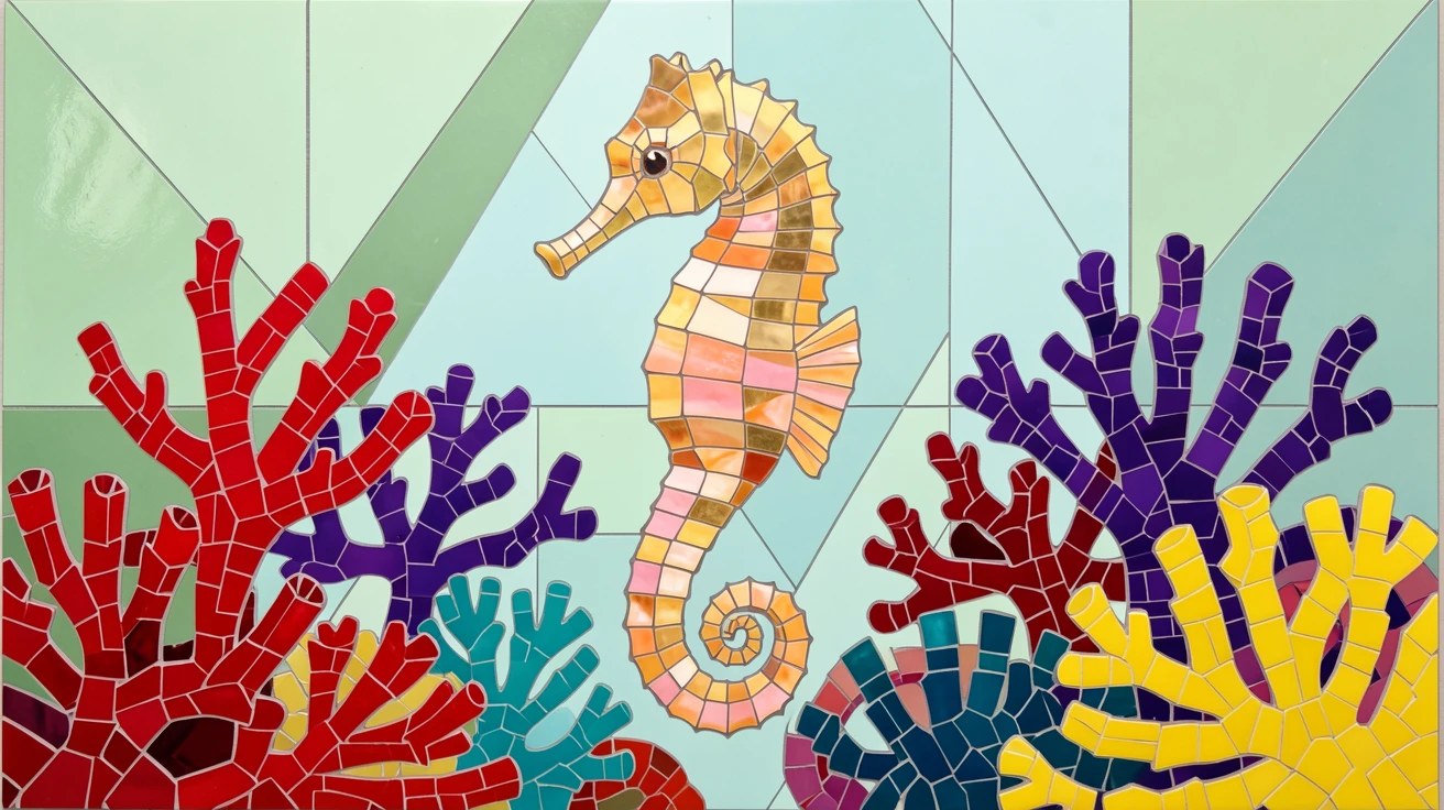A seahorse drifting gently among colorful coral.