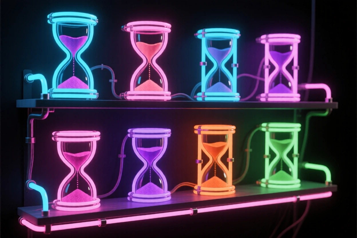 A shelf of hourglasses filled with sand of different colors.