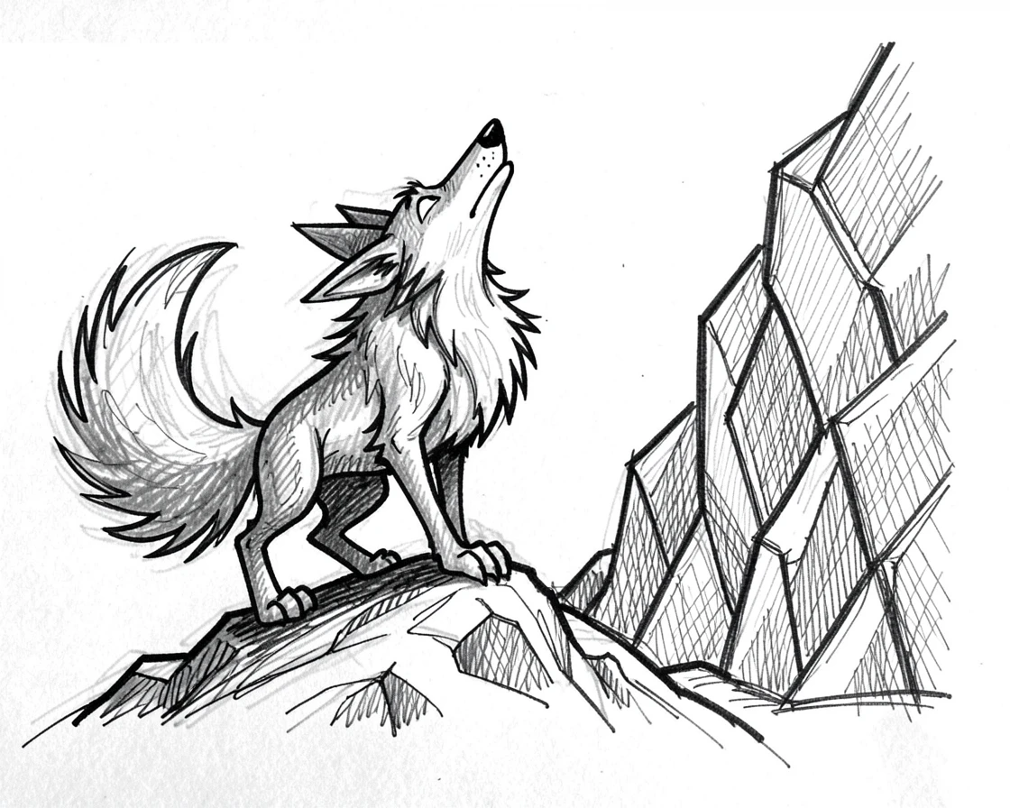 A wolf howling on a hilltop beside an icy glacier.