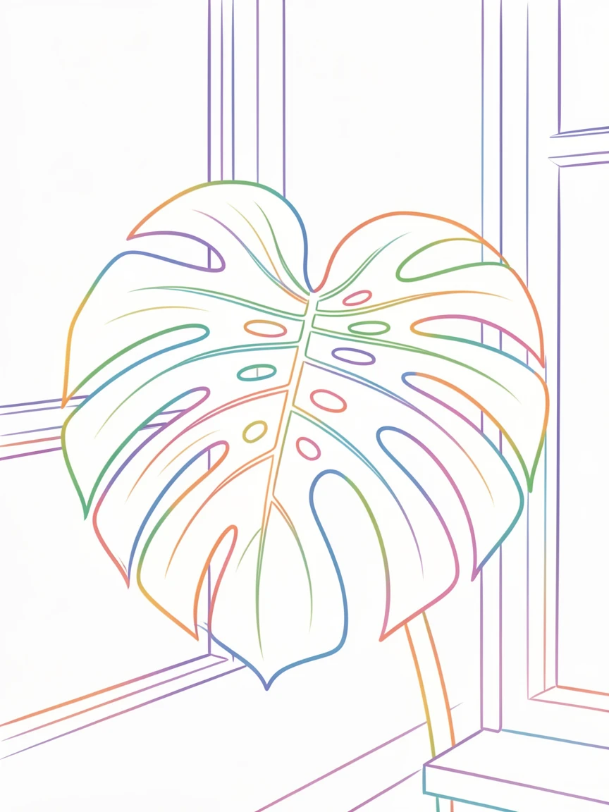 A monstera leaf with dramatic natural splits catching light near a window.